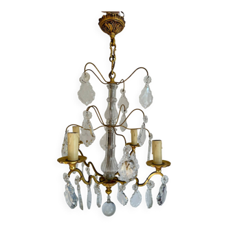 Chandelier set & 4 wall sconces with pendants, Louis XV style, gilded metal