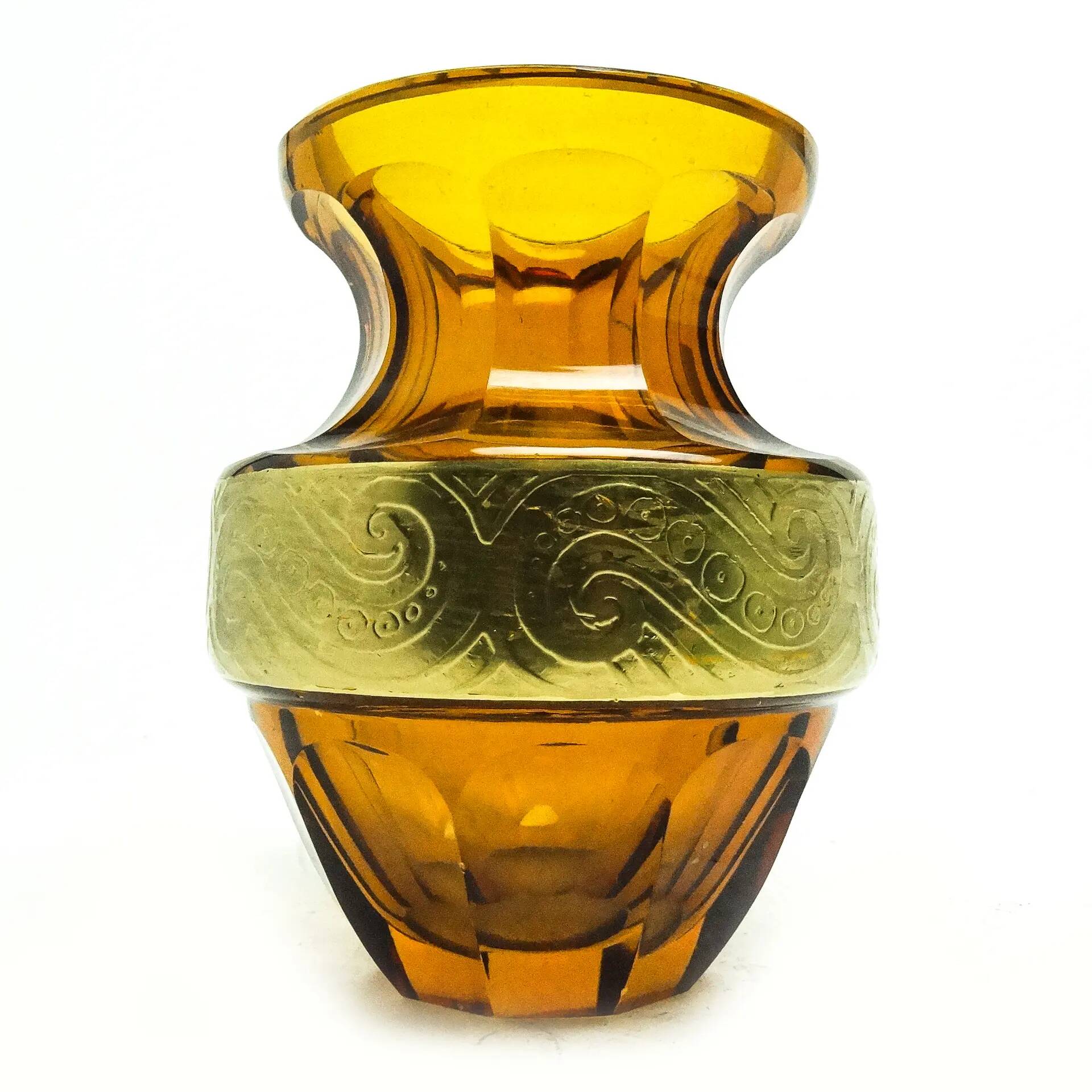 Art Deco vase, honey crystal oroplastic, Moser, Czechoslovakia, 1930s