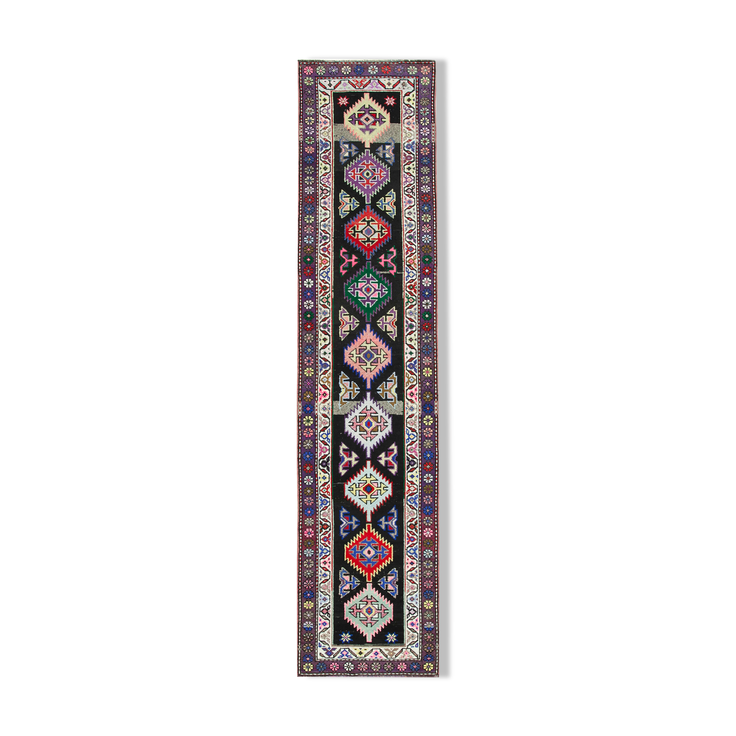 Hand-knotted decorative turkish purple runner carpet 88 cm x 384 cm