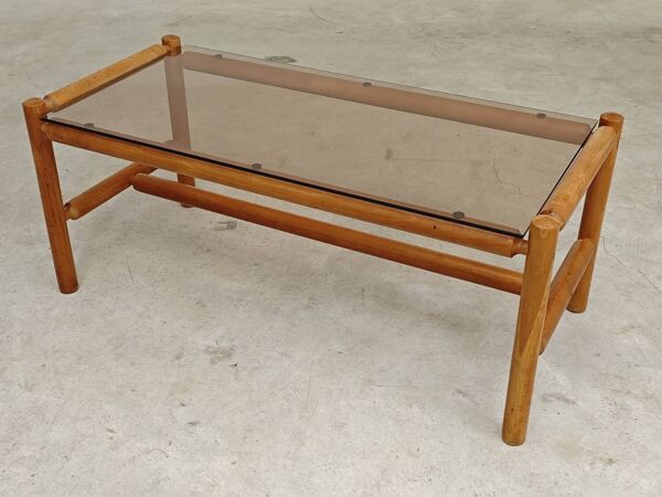 Table basse style chalet bois massif et verre  République Tchèque 1970