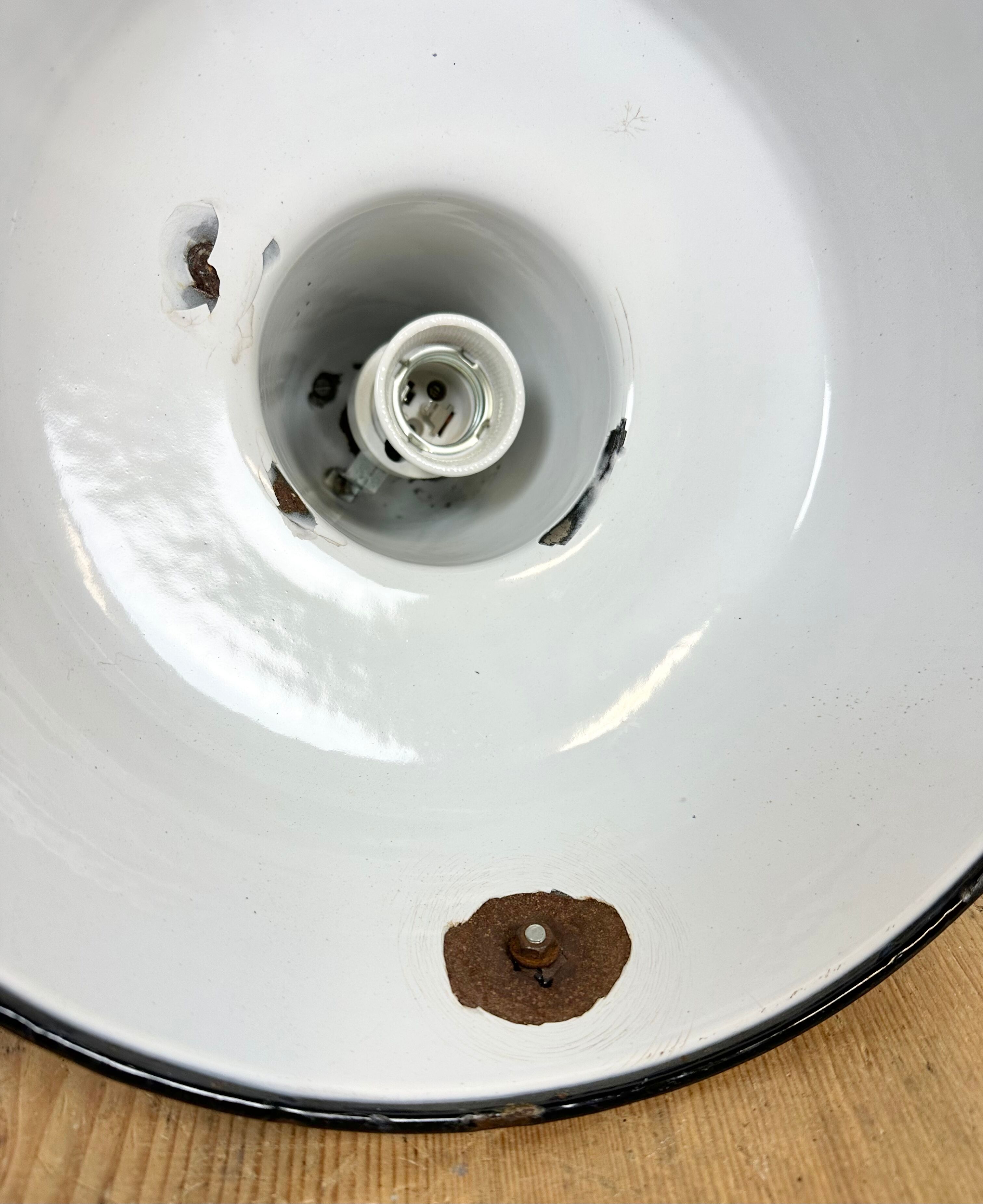 Industrial Black Enamel Factory Lamp with Cast Iron Top, 1960s