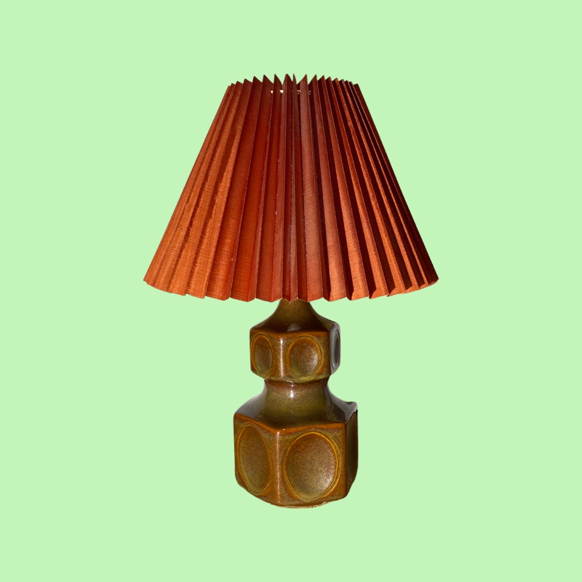Rare Large Søholm Ceramic Lamp | Brown/green Color With Red Lampshade - Danish Ceramic Lamp