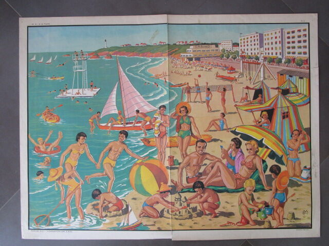 Old school pedagogical poster double-sided-a la plage-l'été la moisson