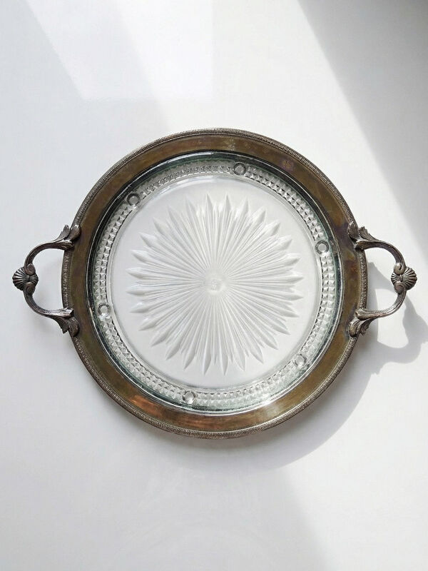 Plateau à poignées verre moulé et laiton Verlys ancien Art Déco 1930-1940