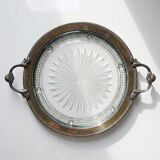 Plateau with handles, moulded glass and brass, Verlys, vintage Art Deco 1930-1940.