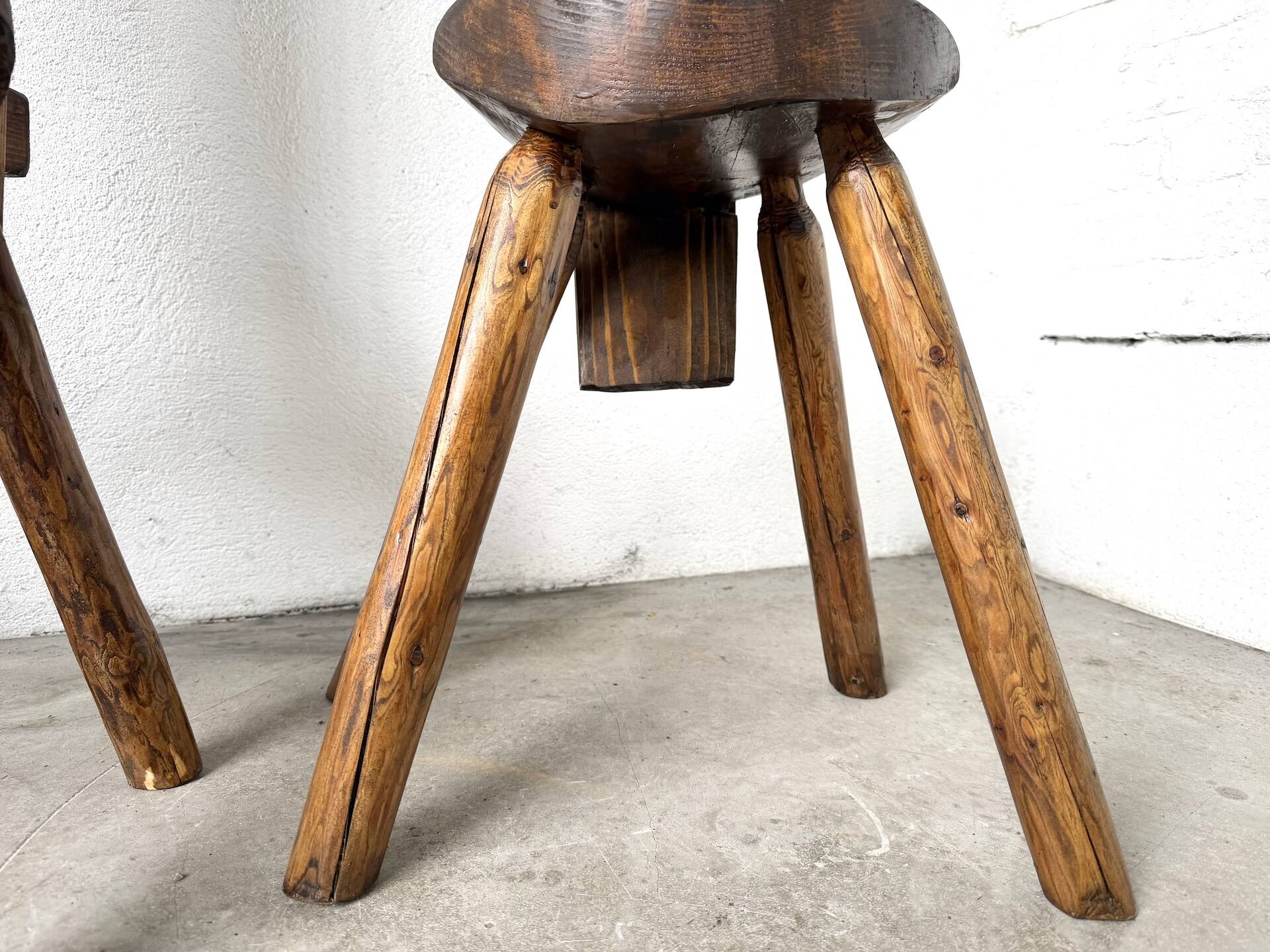 Set of three alpine chairs in solid pine, France, 1950s.