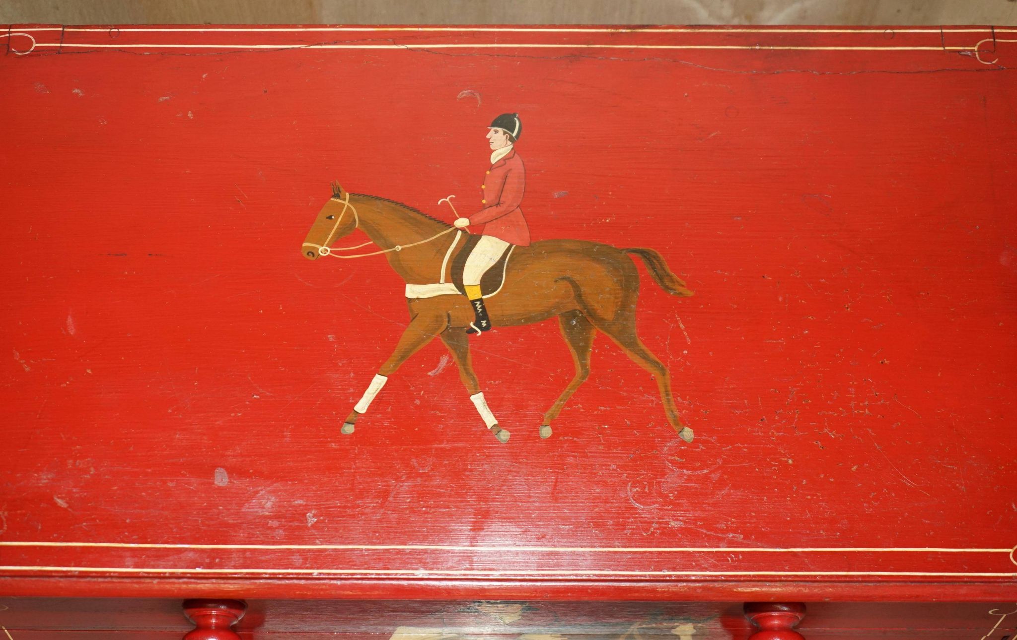 Hand-painted Victorian pine commode featuring a horse and jockey.