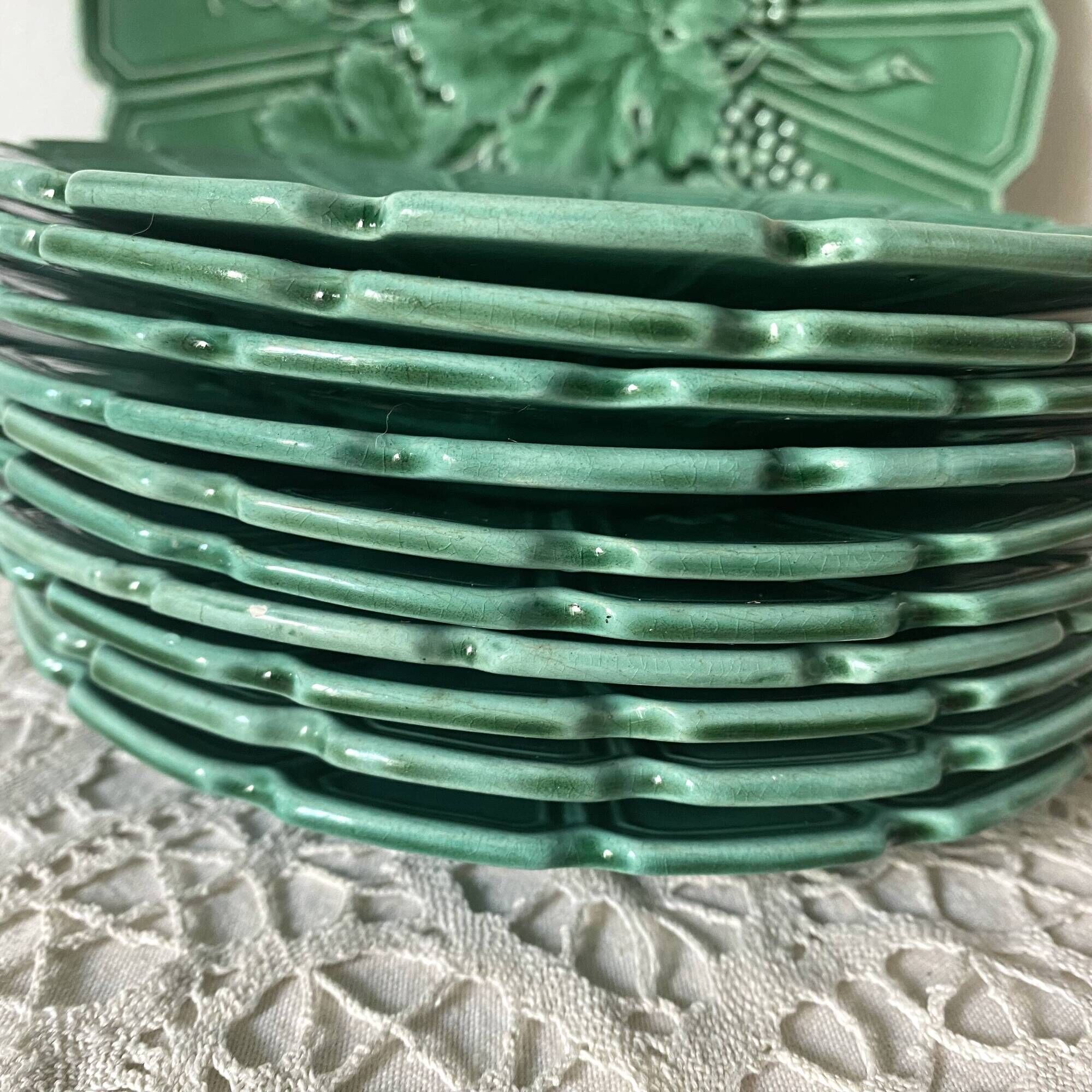 10 barbotine dessert plates and vine leaf dish