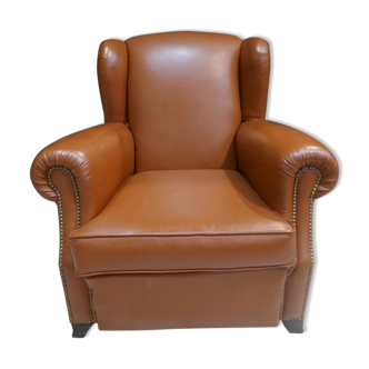 Club armchair with ears of the 40s/ 50s in restored leather