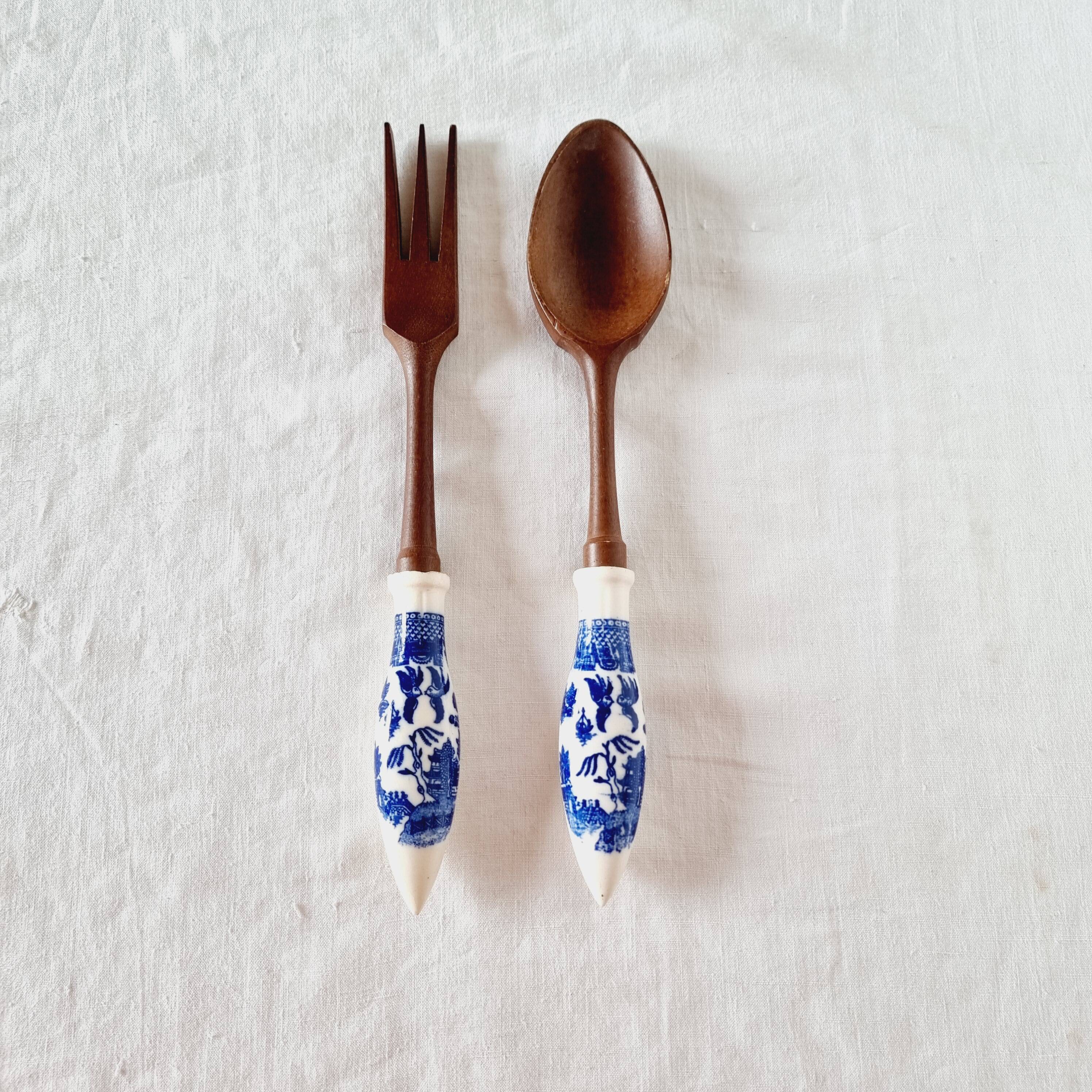 Serving Cutlery Wooden Handle Porcelain Decoration