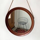 Mid Century solid teak wall mirror with a leather strap - Danish design