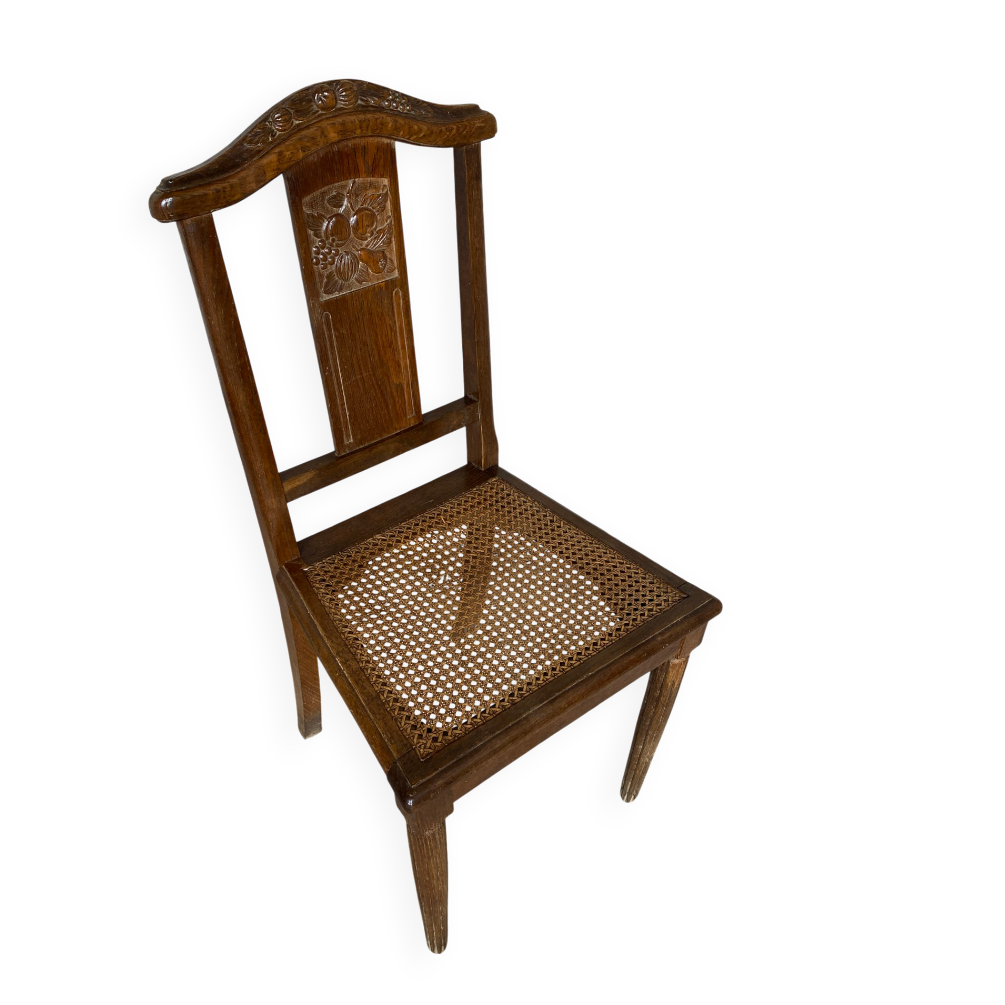 Chaise ancienne art déco bois sculpté & assise cannée vintage #e095