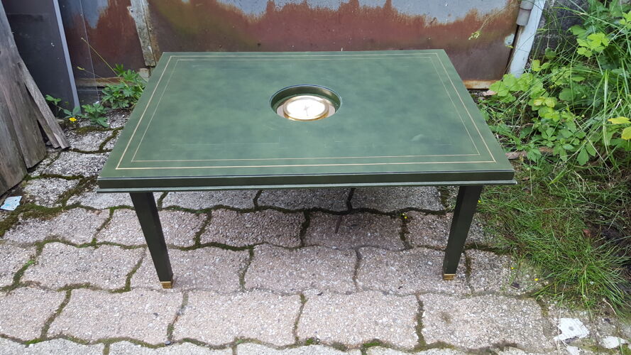 Green leather coffee table and vintage Jaeger pendulum 1960