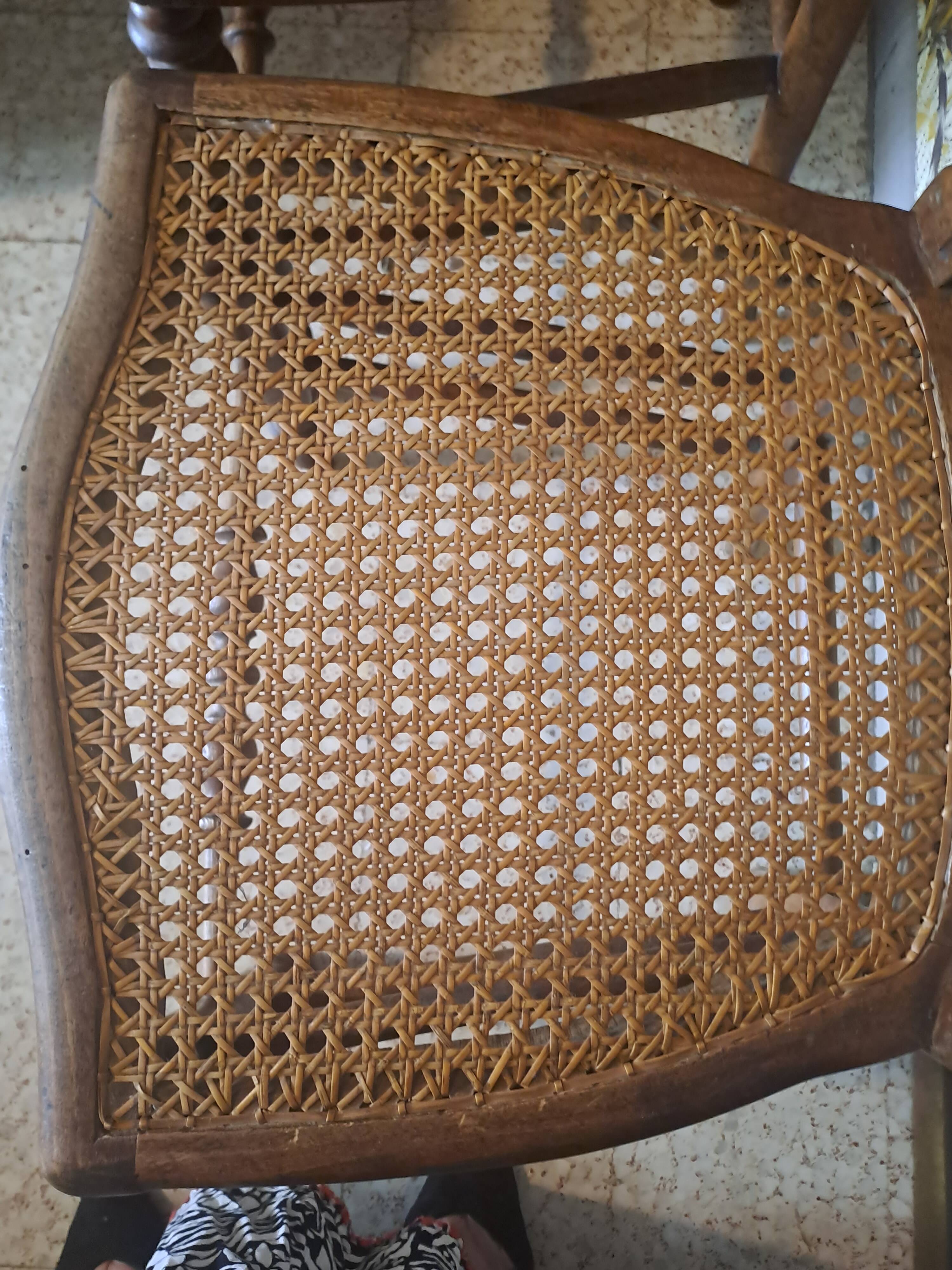 Pair of 1950s light wood bistro chairs with cane seats