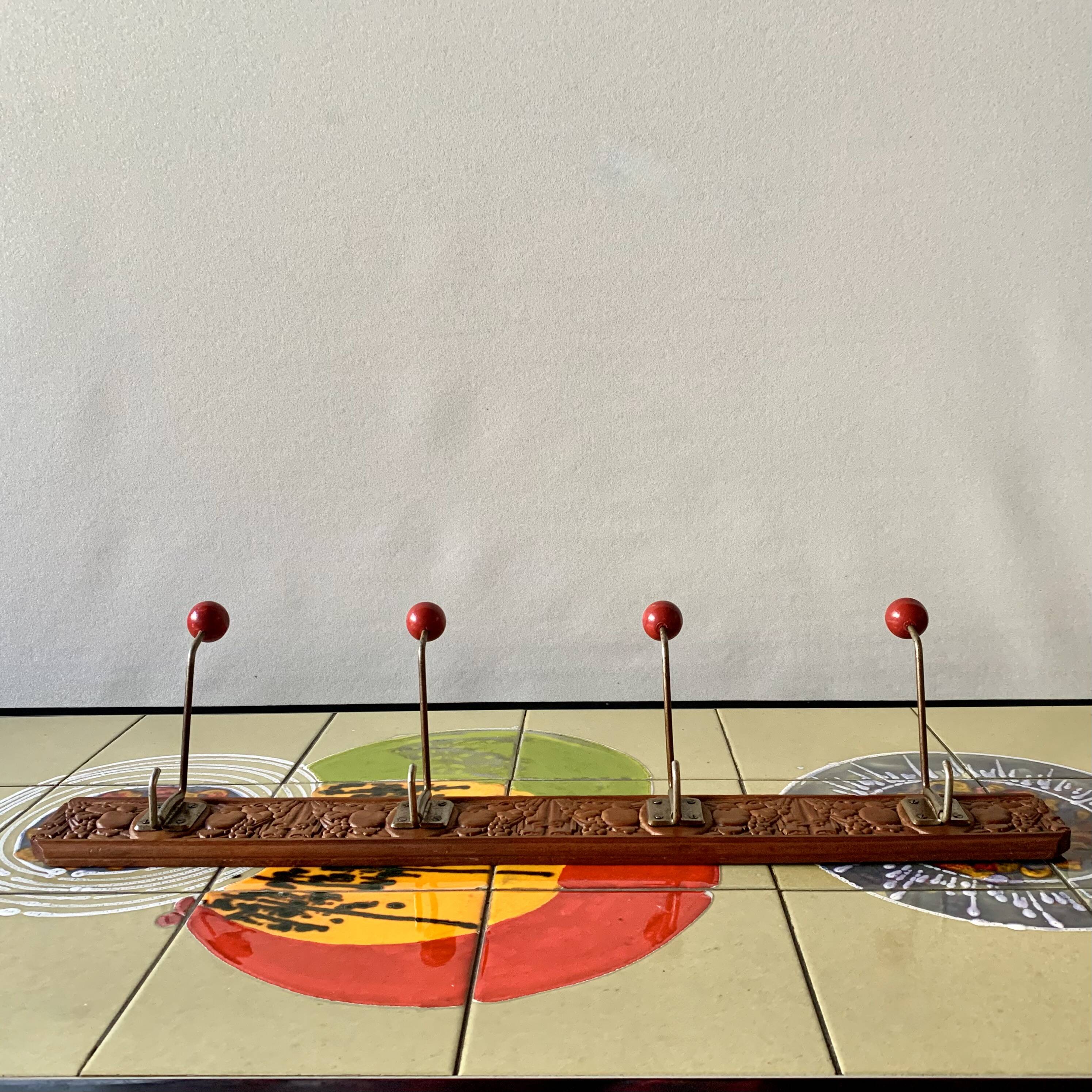 Vintage carved wooden wall coat rack - 4 red balls