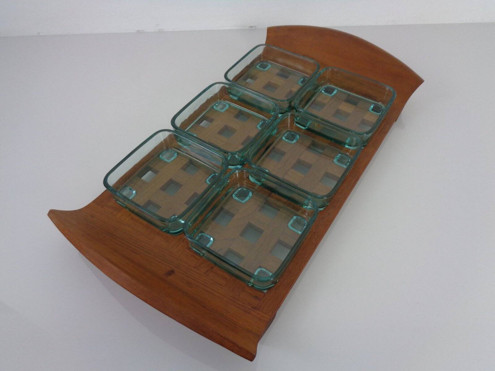 Teak tray with glass bowls by Jens Quistgaard for IHQ Dansk Designs, 1960s, set of 7.