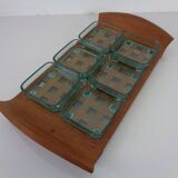 Teak tray with glass bowls by Jens Quistgaard for IHQ Dansk Designs, 1960s, set of 7.