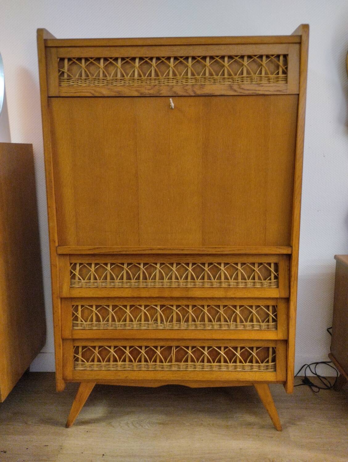 Rattan and oak secretary from the 60s