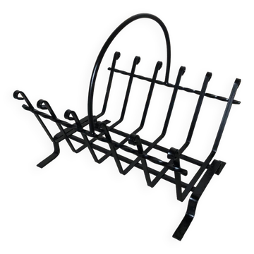 Ancien porte bûches cheminée fer forgé noir vintage #a574