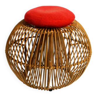 Original 1960s Italian bamboo rattan stool with its original seat cushion