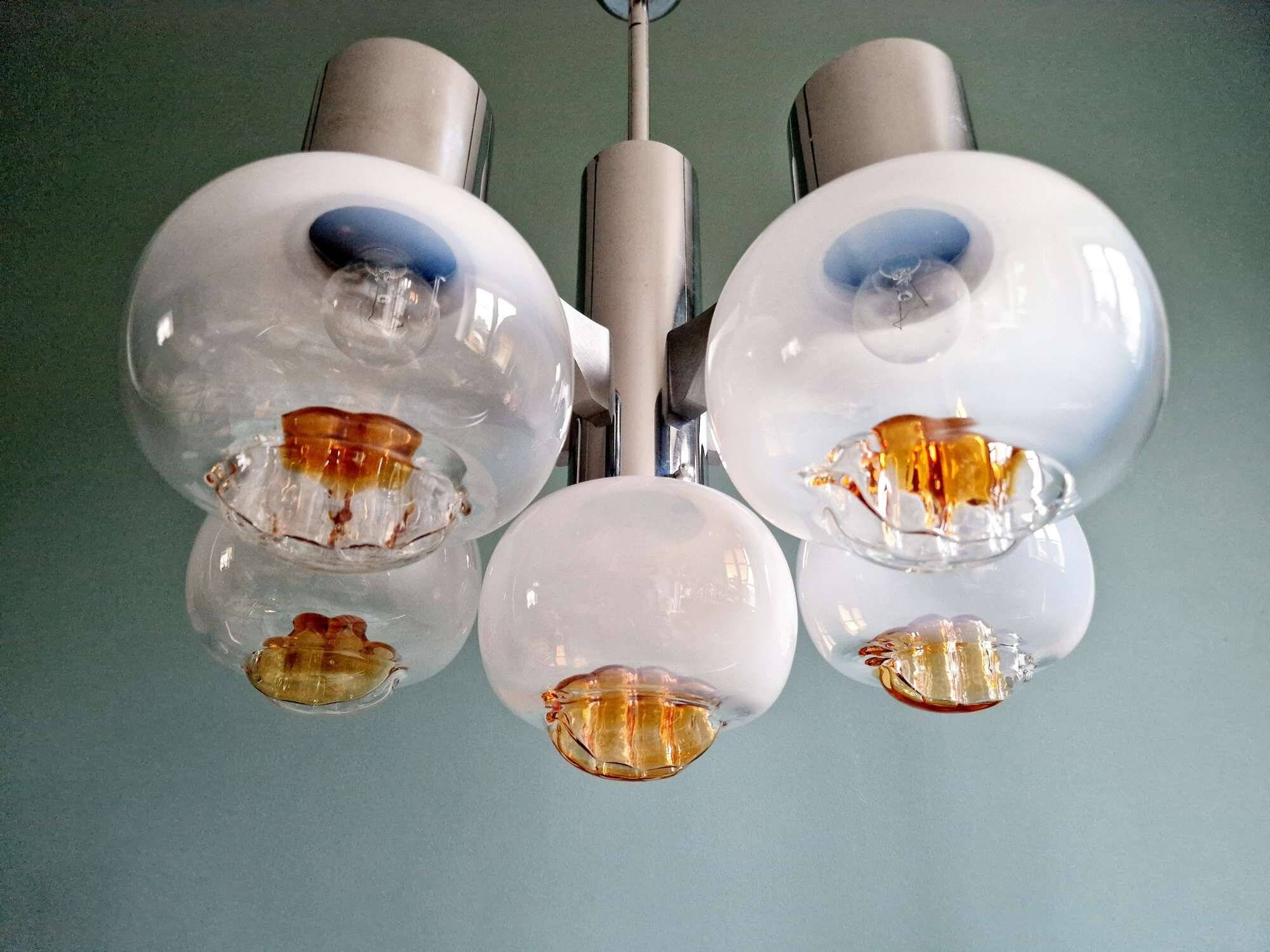 Mazzega chandelier in Murano glass and chrome-plated metal, 1970s