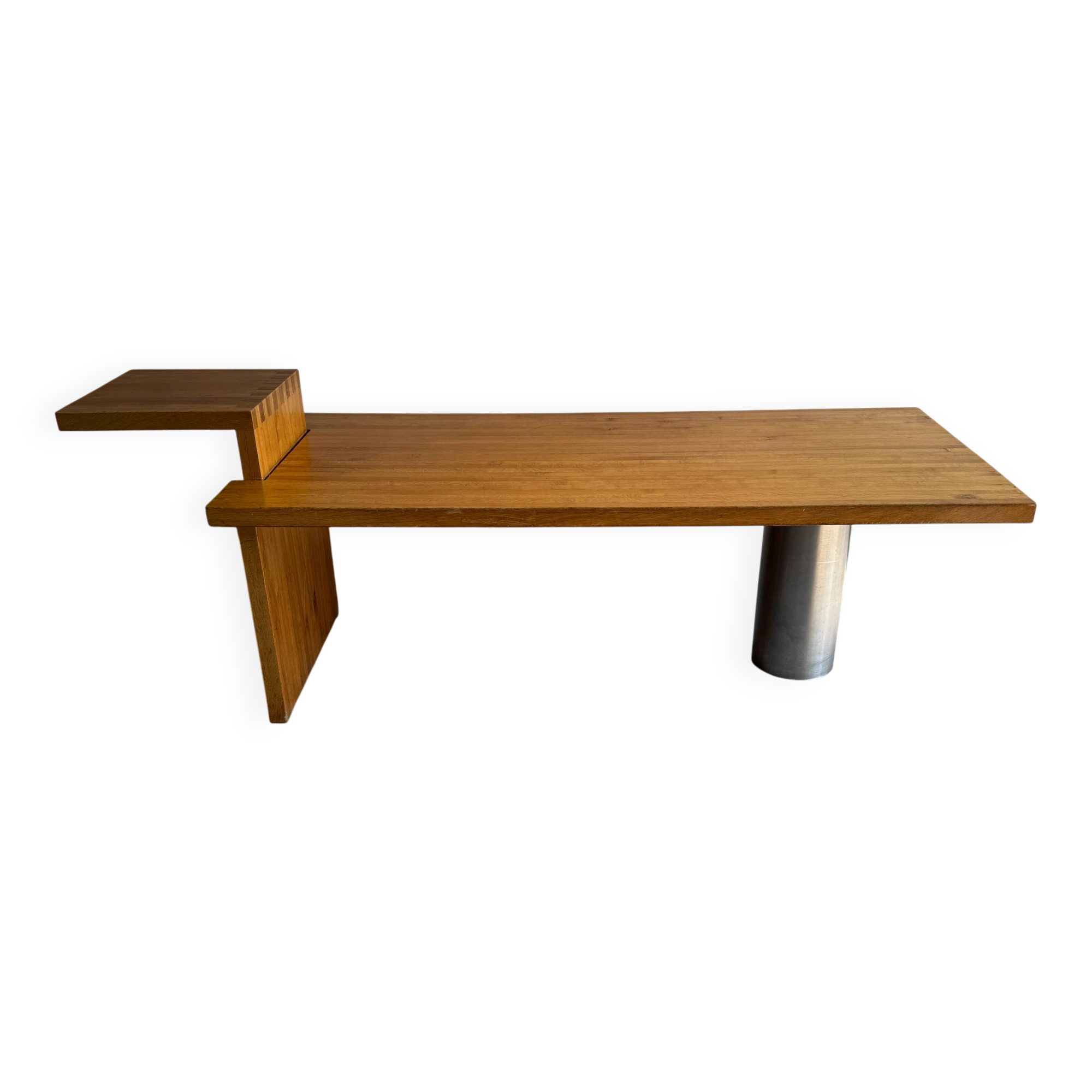 Geometric Brutalist Dining Table — Natural Wood Top with Metal Support, 1980s Architectural Design