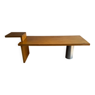 Geometric Brutalist Dining Table — Natural Wood Top with Metal Support, 1980s Architectural Design
