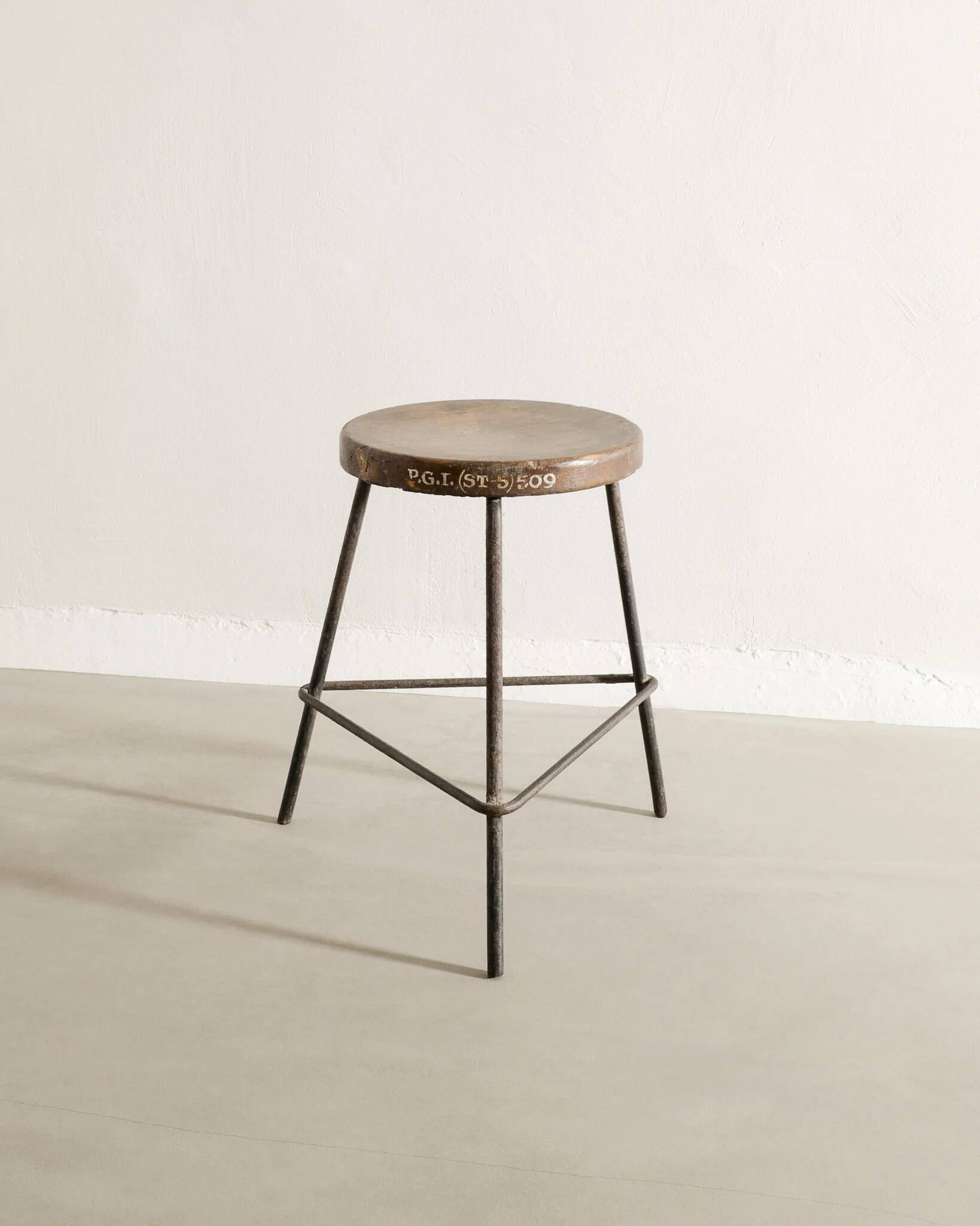 French Mid Century Wooden & Iron Stool by Pierre Jeanneret, 1950s