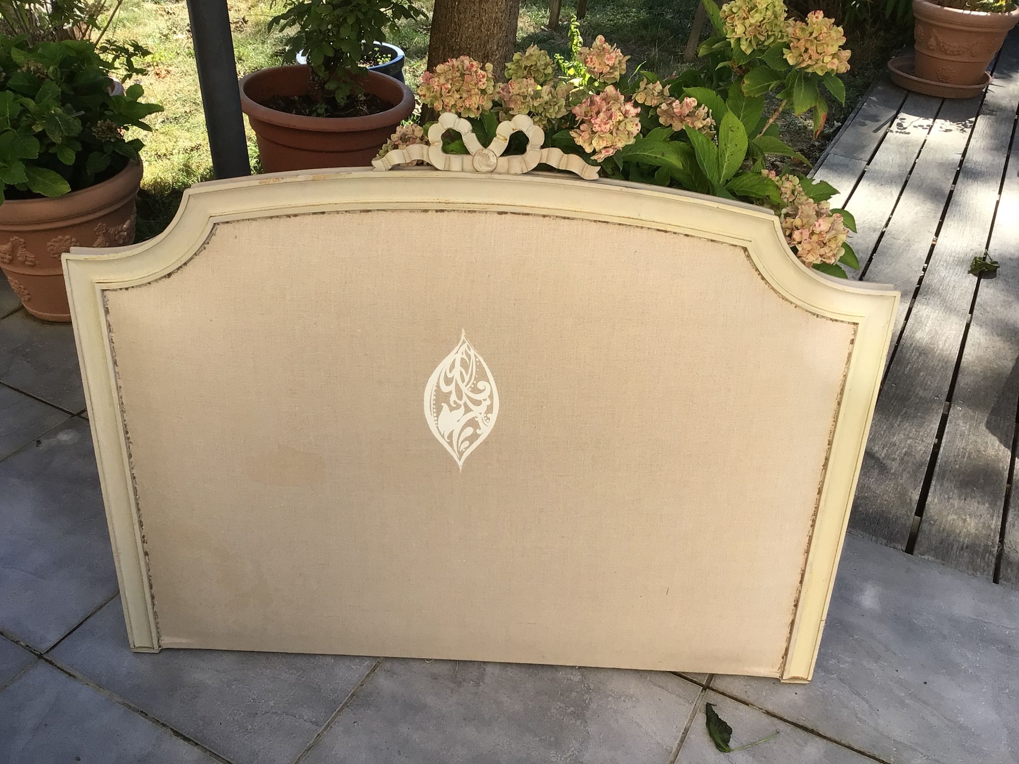 Patinated wood and linen headboard