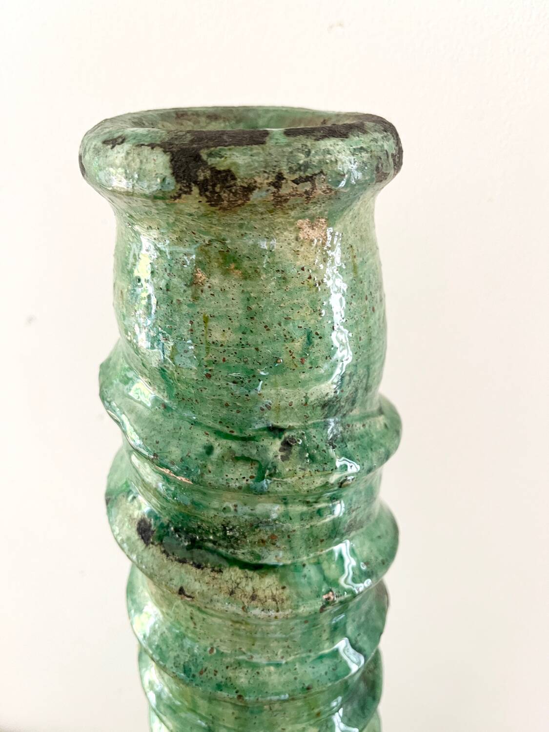 Green enamelled terracotta candle holder 50 cm