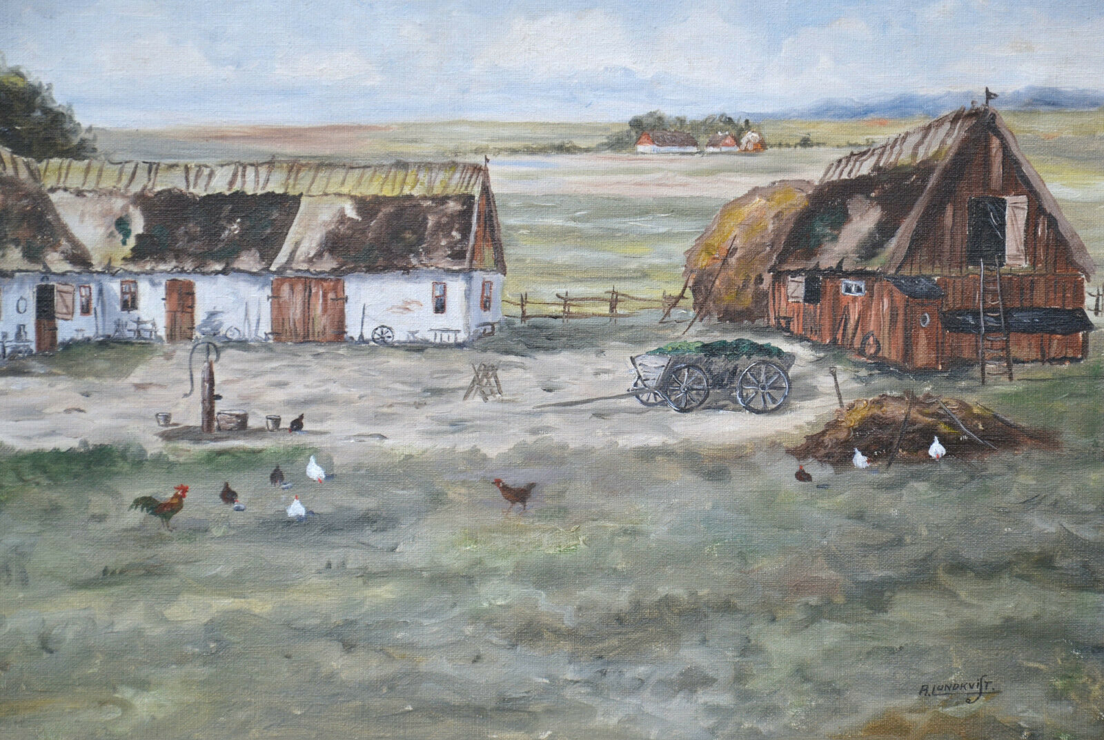 Mid 20th Century Landscape Oil Painting On Canvas, Farm Motif Signed R.Lundkvist