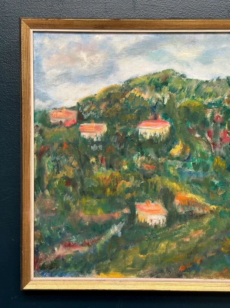 Original Swedish Oil on Canvas – “Hilly Landscape with Houses” by Lalla Blecher – Signed – Vintage & Framed