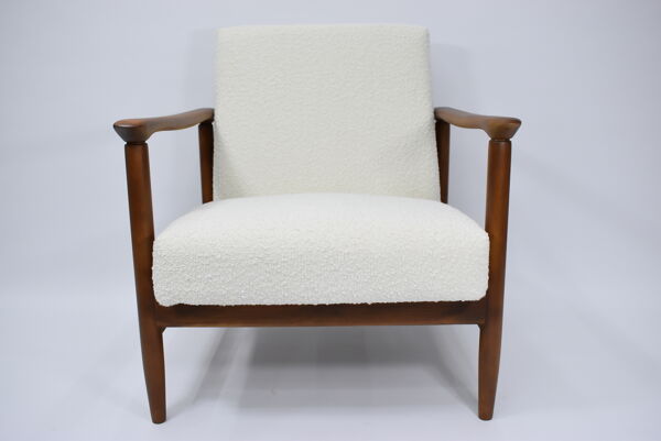 Fauteuil vintage original restauré poil de bras, designer E. Homma, années 1960, blanc bouclé