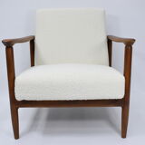 Fauteuil vintage original restauré poil de bras, designer E. Homma, années 1960, blanc bouclé