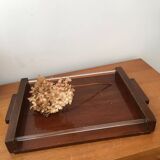 Plateau style art-déco en bois et baguettes en verre blanc