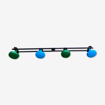 Metal wall coat rack with 4 green and blue hooks 50/60s.