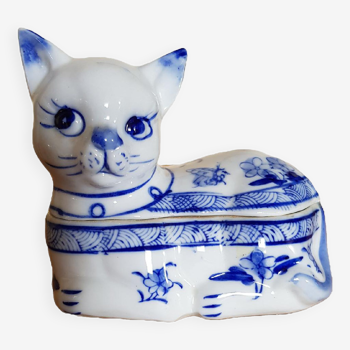 Boîte à bijoux asiatique chat en céramique bleu et blanc Chinoiserie vintage