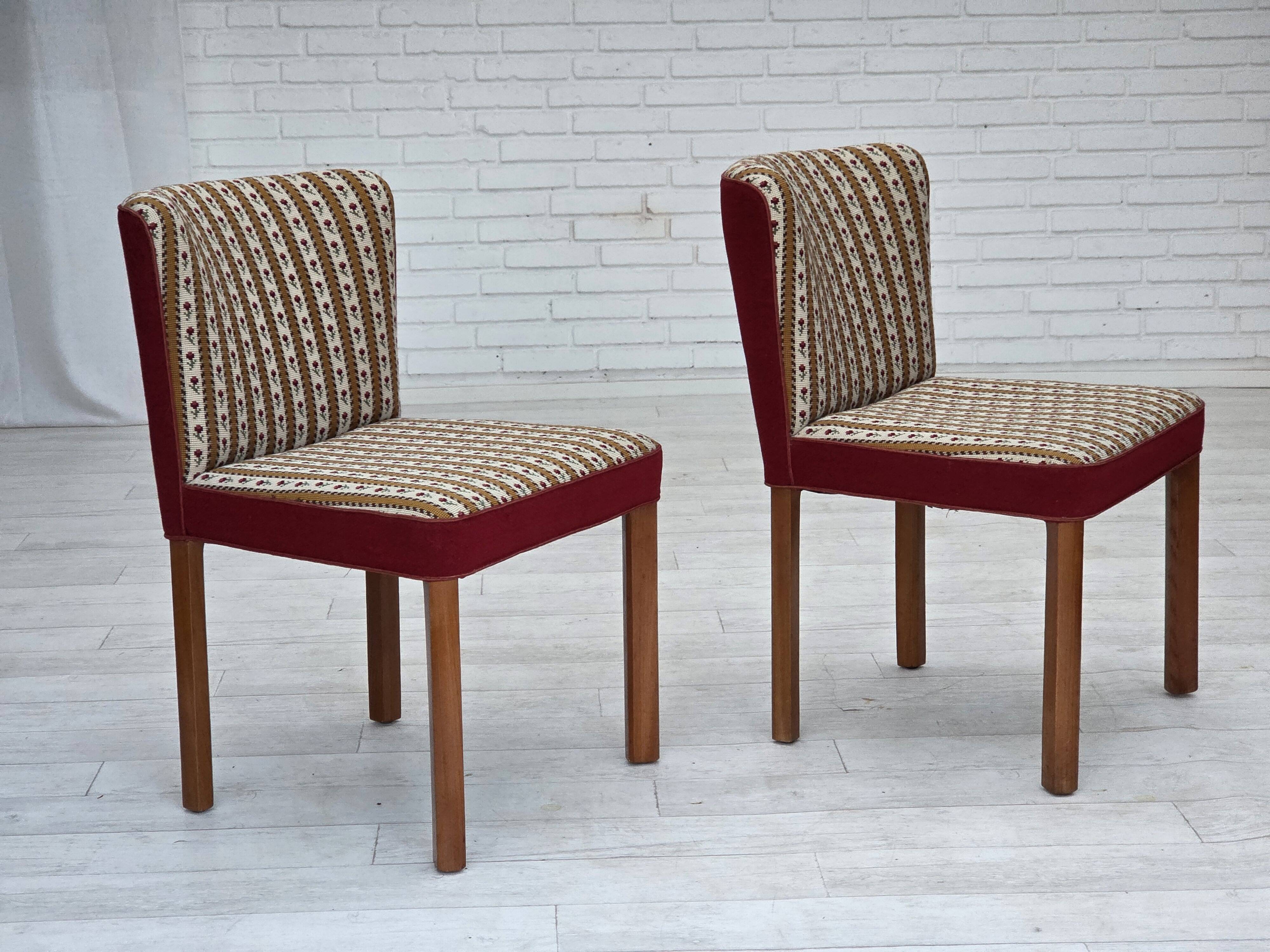 1960s, set of 2 Danish easy chairs, traditional Danish woven wool fabric.