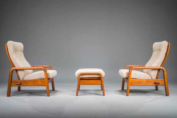 Chaises et pouf danois modernes du milieu du siècle en teck de HS Design, années 1960, lot de 3