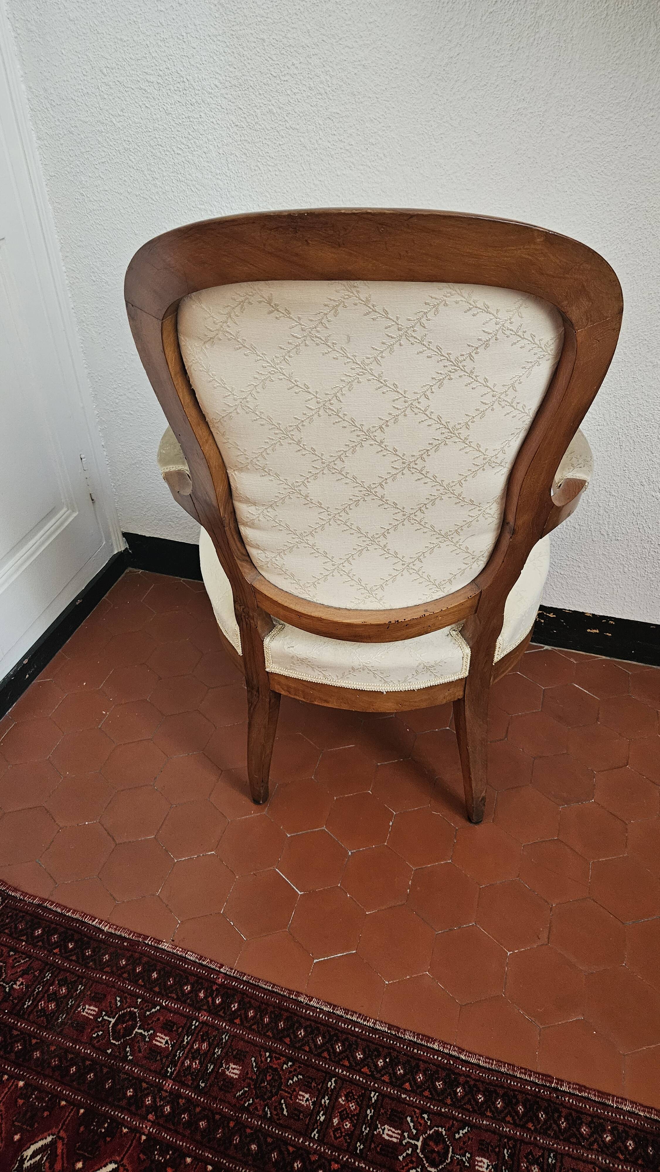 Louis Philippe armchair in walnut wood with white shield upholstery