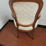 Louis Philippe armchair in walnut wood with white shield upholstery