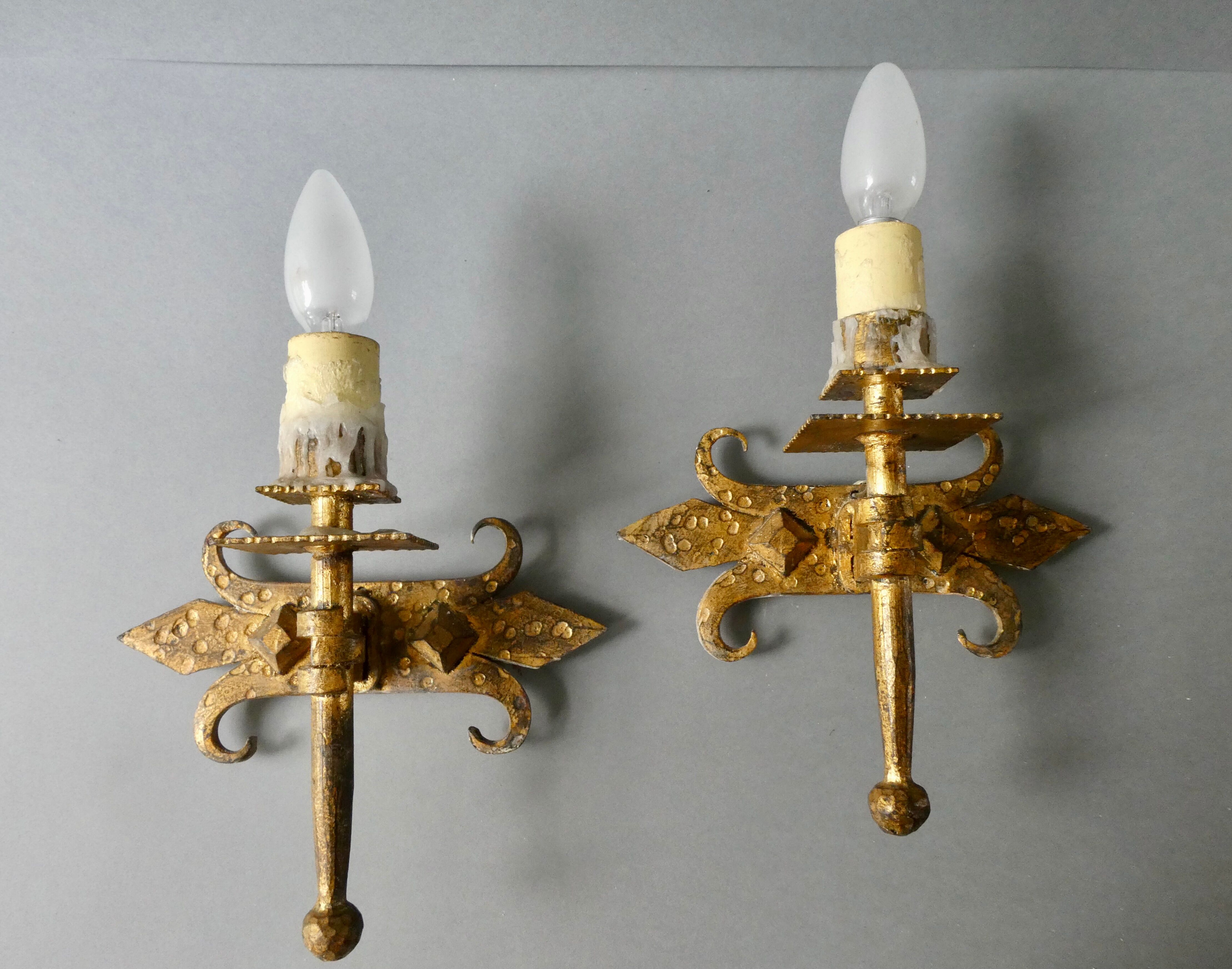 Pair of gold metal wall lamps Ferro Arte, 60s-70s