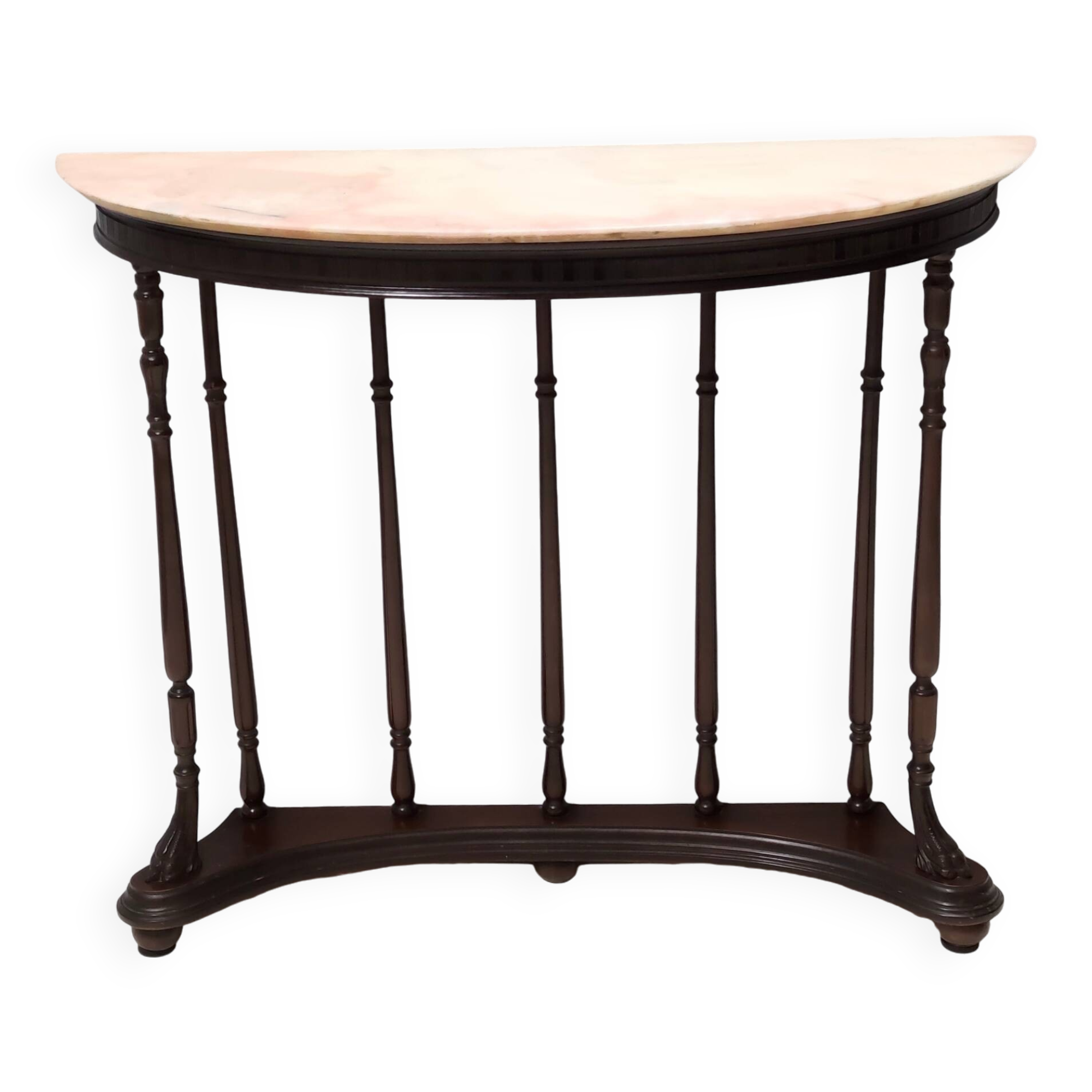 Neoclassical Style Turned Beech Console Table with a Demilune Marble Top, Italy
