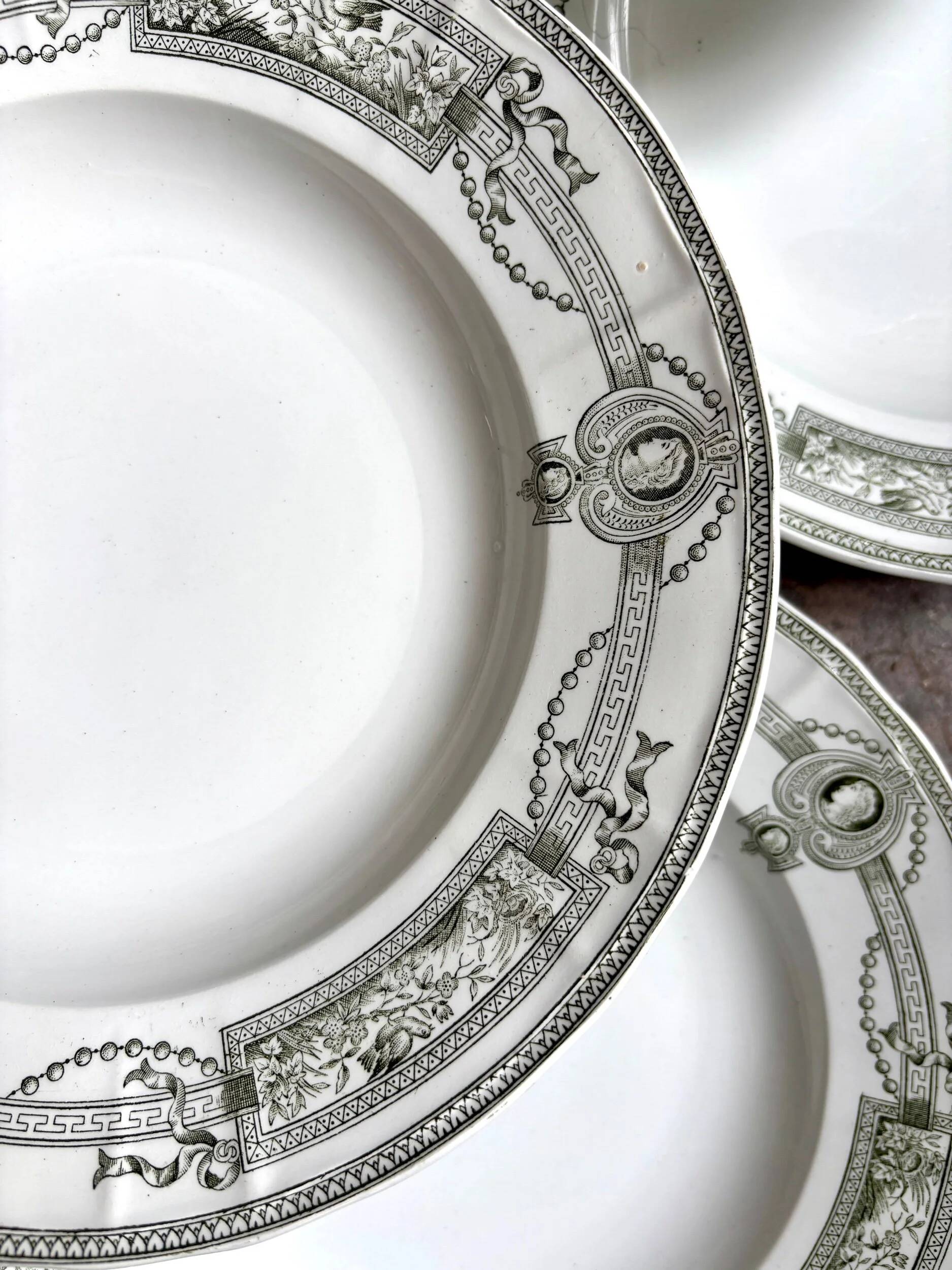6 assiettes creuses en terre de fer St Amand et Hamage, service "Médaillon"