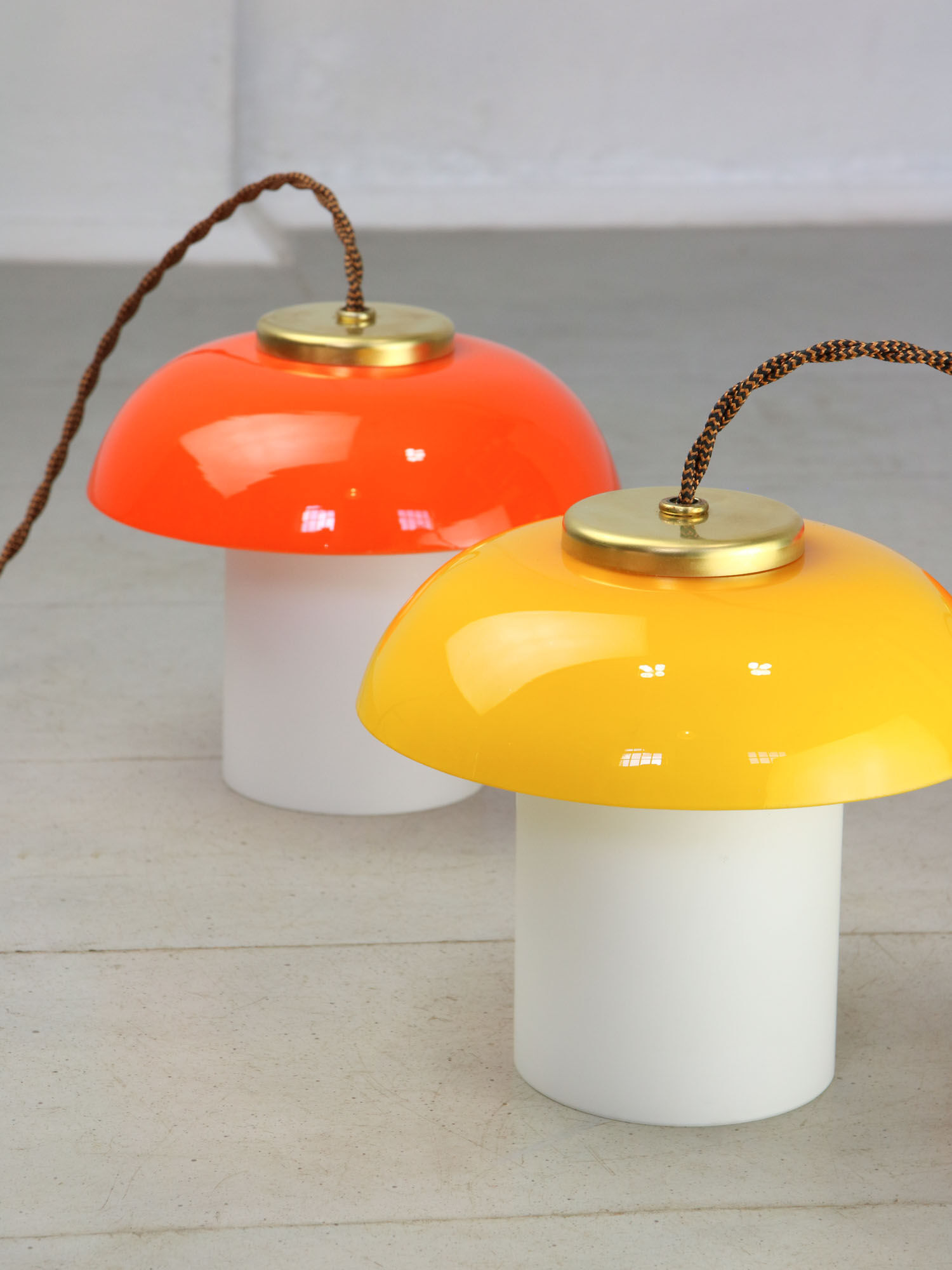 Mid-century orange glass & brass mushroom pendant lamp