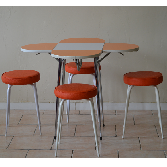 Entire table folding and stools orange and white formica 60s