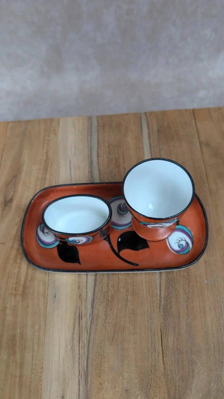 Vintage hand-painted set – tray + coconut tree + mini ramekin
