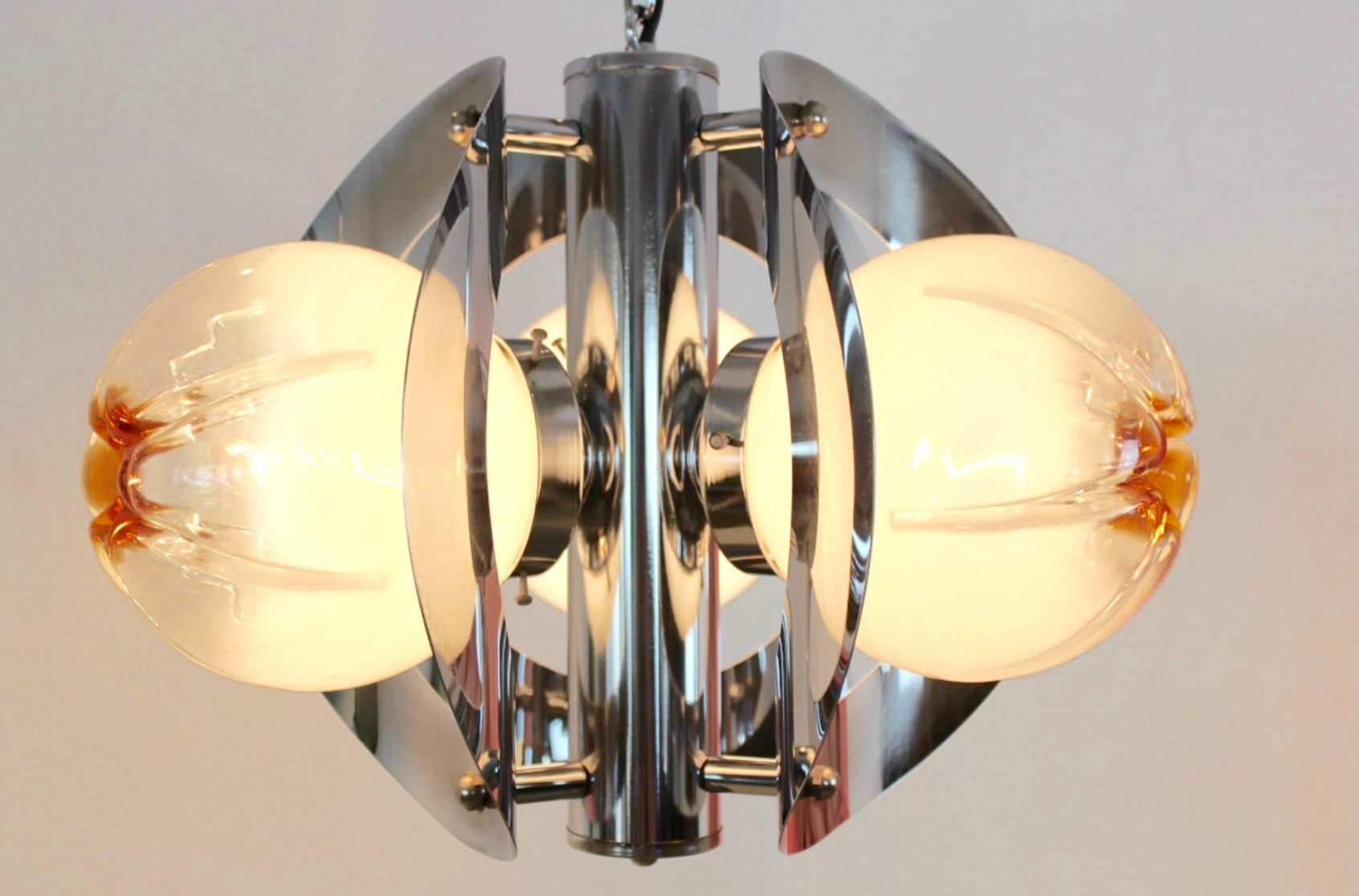Geometric vintage chandelier in chrome and glass frosted by A.V. Mazzega