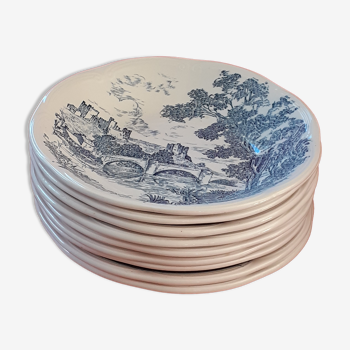9 hollow plates, white background, blue décor, Gien