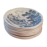 9 assiettes creuses, fond blanc, décor bleu, Gien